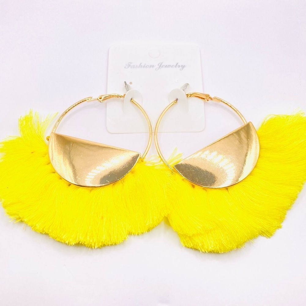 Gold yellow fan fringe tassel earrings